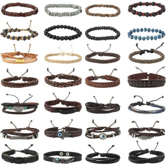 31Pcs Braided Leather Bracelets For Men Women Wooden Beaded Wrist Woven Cuff Wrap Bracelet Set Adjustable